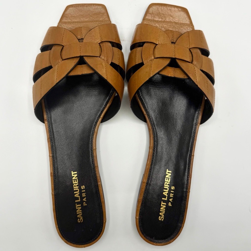 NEW Saint Laurent YSL Tribute Nu Pied Brave Beige Cognac Anguilla Slide Sandals